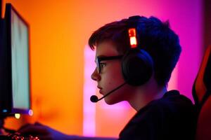 A young gamer immersed in gameplay during an evening session with vibrant lighting effects in a cozy gaming setup photo
