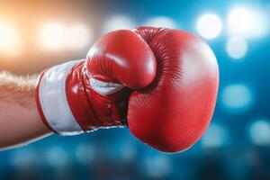 A close-up of a red boxing glove held up against a bright, blurred background photo