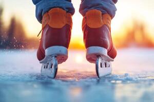 Ice skater gliding across a frozen lake at sunset, enjoying a winter evening outdoors with beautiful scenery photo