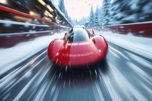 A red sports car speeds through a snowy landscape during winter, creating dynamic motion and a thrilling atmosphere photo