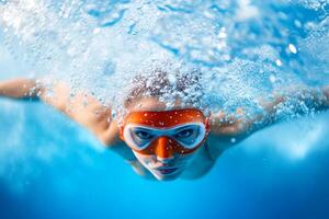 A young swimmer explores underwater with a vibrant orange mask in a clear pool photo