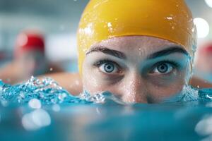 Swimmer in a yellow cap focuses intensely on swimming in a competitive pool during a training session at a local swimming facility photo