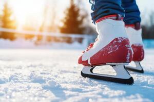 A close-up view of red and white ice skates gliding on a frosty rink as the sun sets, illuminating a snowy background dotted with trees. photo