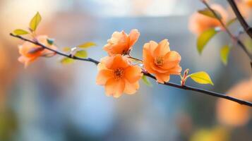 Beautiful blooming orange flowers on a branch during a sunny spring afternoon in a peaceful garden photo