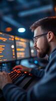A programmer intensely types on a backlit keyboard while monitoring code and data across several screens in a dimly lit office setup during the late evening. photo