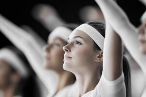 Young female performers dressed in white uniforms practice synchronized movements during a show rehearsal in a dimly lit space photo