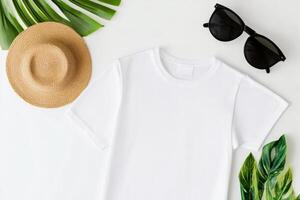 Casual summer outfit essentials including a white t-shirt, straw hat, sunglasses, and tropical leaves on a neutral background photo