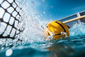 A water polo ball splashes into the goal during a competitive match under clear skies at a sunny outdoor pool photo