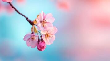 Blooming cherry blossoms on a branch with a gradient sky in the background during springtime in a tranquil setting photo