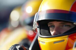 Racing driver focuses intently while preparing for a high-speed competition at a racetrack on a bright day photo