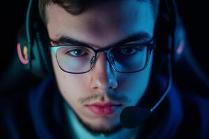 Young gamer focused on competitive play during late-night gaming session in a dimly lit room with vibrant lighting photo