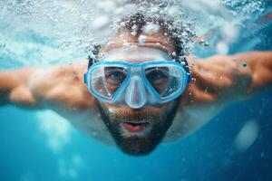 A man swims underwater with snorkeling gear in a clear blue pool, showcasing vibrant aquatic life during the afternoon photo