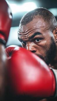 Intense focus of a boxer training with red gloves in a gym during daylight, showcasing determination and skill development photo