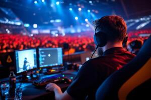 A gamer competes at a vibrant esports tournament held in a large arena filled with cheering fans and bright stage lights photo