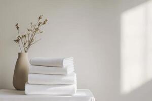 Stack of white towels beside a simple vase with dried flowers on a table in a softly lit room photo