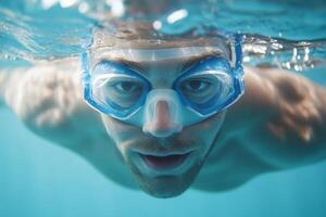 Swimmer diving underwater in clear blue water, wearing goggles and focused on exploring marine life in a tranquil moment photo