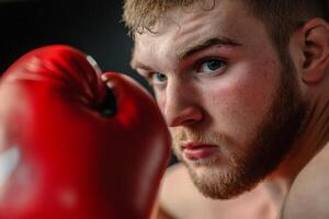 Young male boxer training intensely with a red glove, focused on his opponent in a gym during evening practice photo