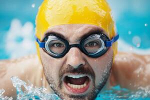 Swimmer striving to achieve a personal best during a competition in an indoor pool on a sunny afternoon photo