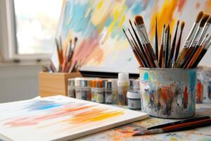 Colorful artist workspace featuring brushes, paints, and a canvas filled with abstract artwork during daylight hours photo