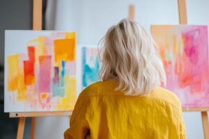 A young artist examines colorful abstract paintings at a studio during a creative session photo