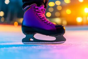 A close-up of a purple ice skate resting on the rink as colorful lights illuminate a winter evening skating session photo
