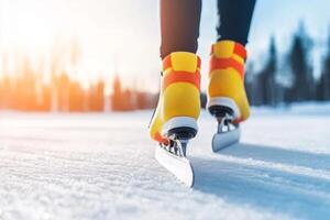 A person skating on an outdoor ice rink during sunset, showcasing bright yellow and red skates against a snowy landscape photo