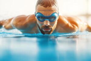 A competitive swimmer focuses on the finish line during a training session in a sunny outdoor pool in the afternoon photo