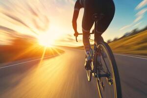 A cyclist rides briskly along a winding road at sunset, embracing the freedom of an evening adventure photo