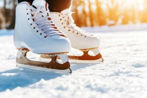 A close-up of figure skating boots gliding over a frozen lake in the afternoon sun amid a winter landscape photo