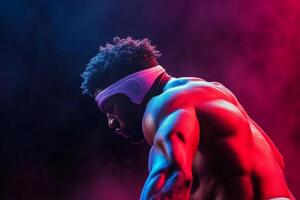 Athlete training intensely in a vibrant gym with colorful lighting during an evening workout session photo