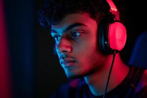 Teen boy focused on gaming while wearing headphones in a colorful room during the evening hours photo