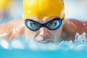 Intense swimmer competing in a race while wearing a yellow cap and blue goggles, focusing on performance in a competitive swimming event photo