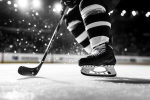A hockey player makes a swift move on the ice during a night game, showcasing agility and skill in arena photo