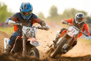 Young motocross riders racing on a dirt track during a sunny afternoon photo