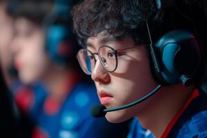 Focused gamer immersed in an intense esports competition at an arena during a tournament photo