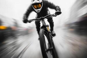 A cyclist races through a misty urban landscape on a wet street during a rainy day, showcasing speed and adrenaline in the atmosphere photo
