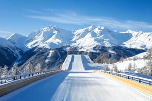 Winter landscape showcasing a pristine snow-covered ski slope in the majestic mountains under clear blue skies photo