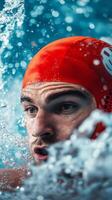 Intense water polo athlete tackles the waves during a heated competition in a vibrant aquatic setting photo