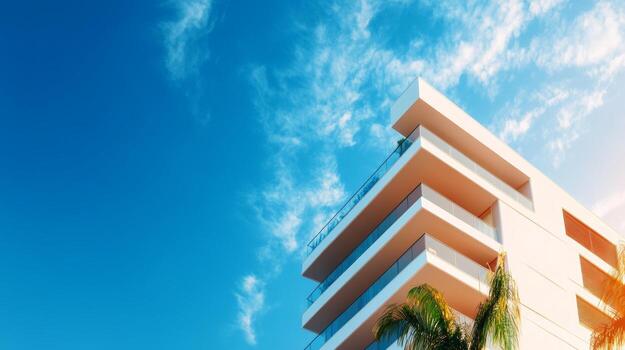 Modern apartment building against a vibrant blue sky with clouds in a sunny locale during the afternoon hours photo