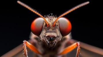 Close-up view of a butterfly showcasing intricate details of its vibrant eyes and delicate wings against a dark background photo