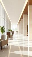 Modern and spacious hotel lobby with natural light and contemporary seating in an elegant design photo