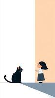 Little girl interacts with a large black cat in a minimalist artistic setting featuring soft colors and geometric shapes photo