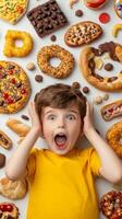 Excited child surrounded by a variety of colorful pastries and desserts while expressing joy and surprise photo