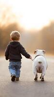 A young child walks a white dog along a quiet road during sunset in a serene countryside setting photo