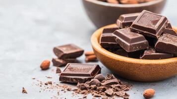 Delicious dark chocolate pieces in a wooden bowl surrounded by cocoa beans on a gray countertop photo
