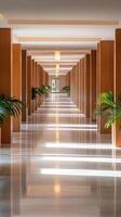 Elegant corridor with sunlight illuminating the polished floor and lush greenery in a contemporary architectural setting photo