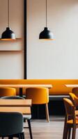 Bright modern cafe interior with wooden tables and stylish pendant lights in a warm color scheme photo