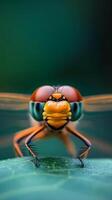 Close-up of a dragonfly resting on a leaf in a serene setting with soft green background at midday photo