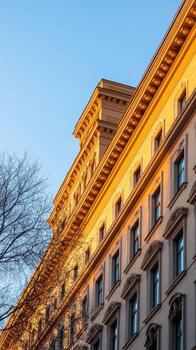 Golden sunlight illuminates historic architecture in an urban setting during early morning hours, highlighting intricate details and tree branches photo