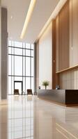 Modern lobby interior design featuring sleek reception area and elegant wooden accents in a bright, spacious setting photo